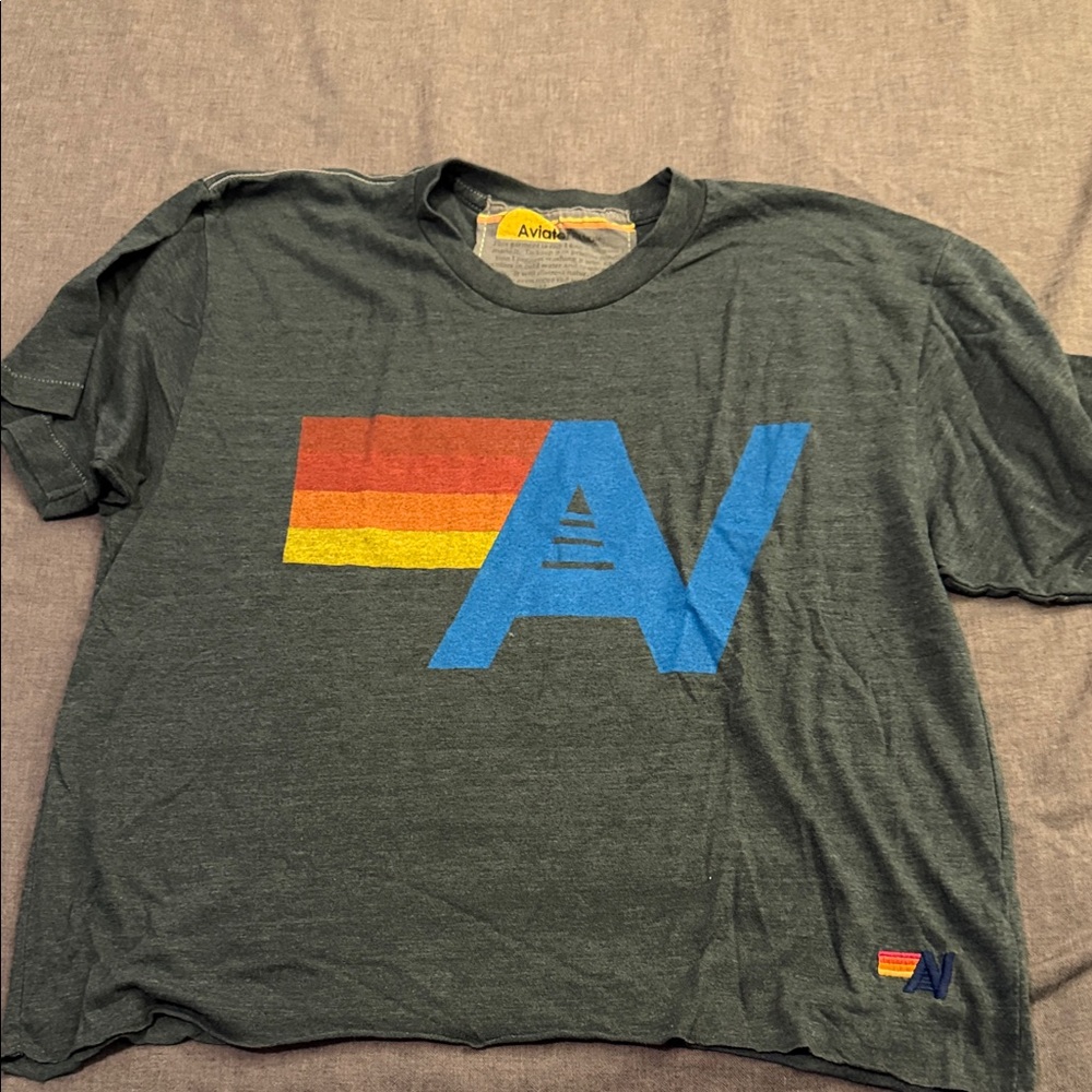 Aviator Nation Charcoal Crop Top with Blue and Rainbow Logo